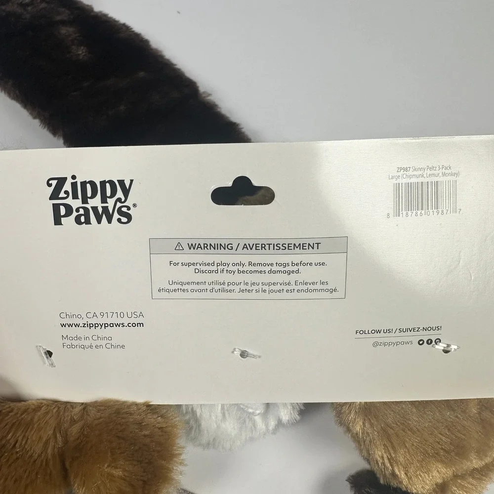 ZippyPaws Skinny Peltz Dog Toy 3-Pack‎ Large Brown Grey New No Stuffing Squeaky
